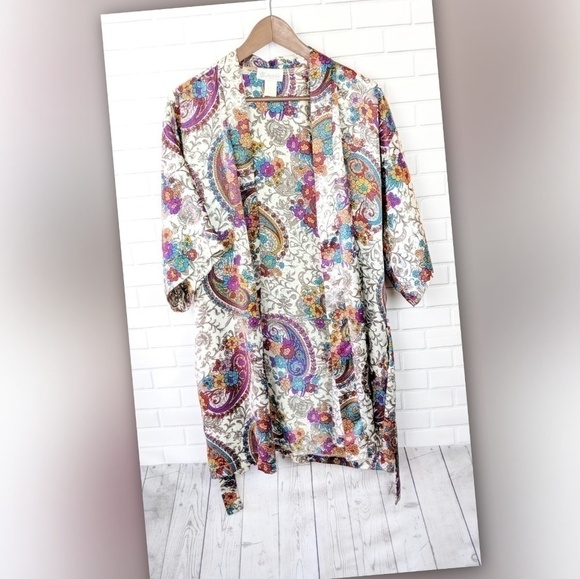 Frederick's of Hollywood Robe Kimono Womens M Floral Multicolor Boho Lux lounge - Picture 1 of 6